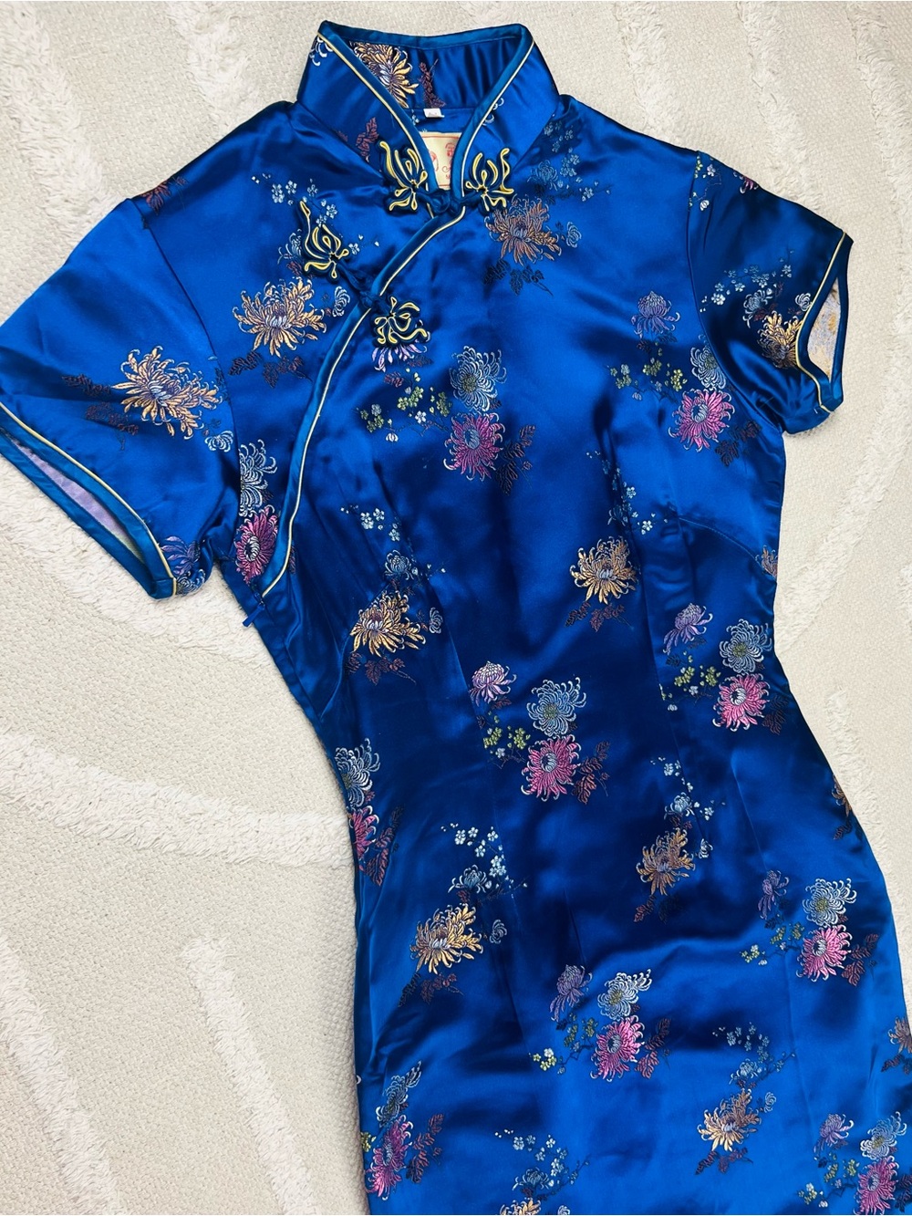 Jin Feng Cheongsam Qipao Dress VTG 90s Royal Blue Floral Brocade Satin Maxi–M/34